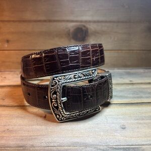 Brighton Brown Crocodile Embossed Belt with Ornate Silver Buckle 33.5 length